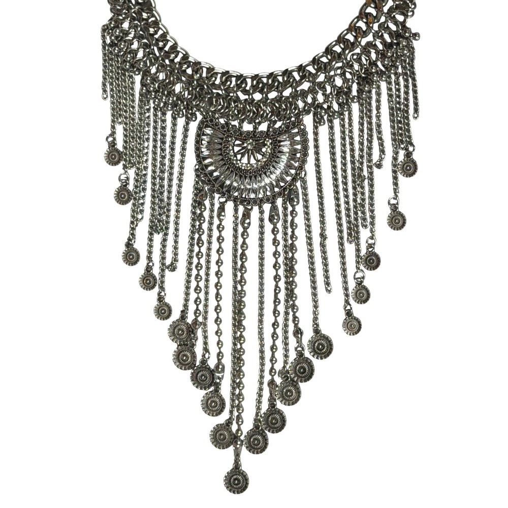 Boho Gunmetal Statement Bib Necklace Rhinestoneโ Sunburst Fringe Coin Charms